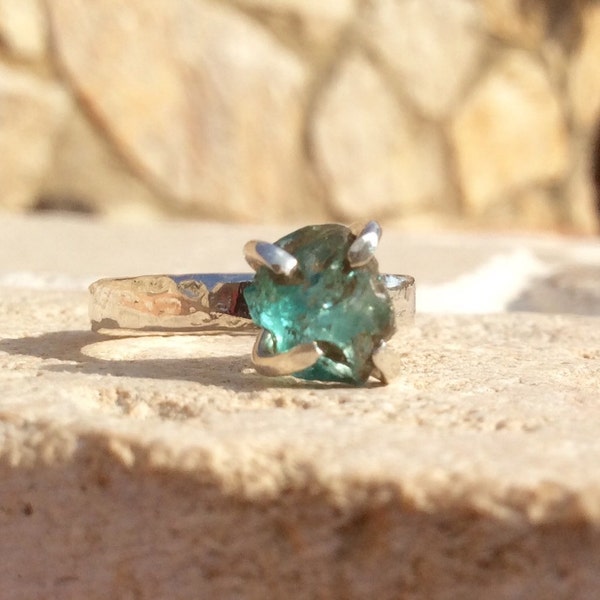 US 6.25 Raw Apatite Ring, Apatite Silver Prong Ring, Blue Gemstone Claw Ring, Apatite Silver Ring, Rough Apatite Silver Ring,  Gift for Her