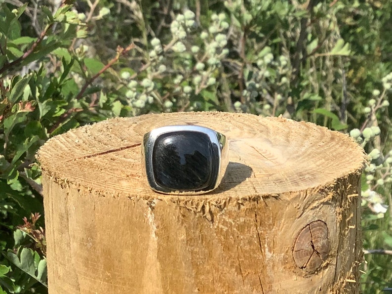 May include: A silver ring with a black square-shaped gemstone.