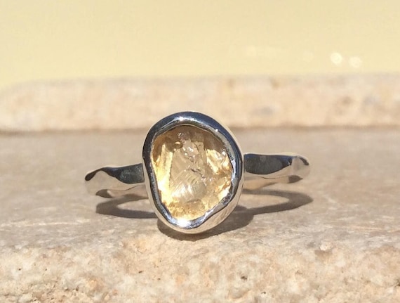 Raw Lemon Quartz Ring: Hammered Sterling Silver Gemstone Ring