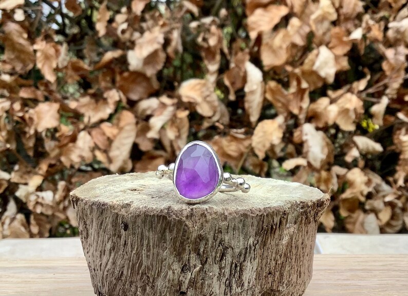 Faceted Gemstone Silver Ring with Balls February Birthstone Jewellery Amethyst Silver Ring