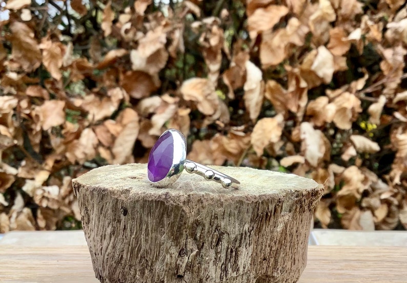 Faceted Gemstone Silver Ring with Balls February Birthstone Jewellery Amethyst Silver Ring