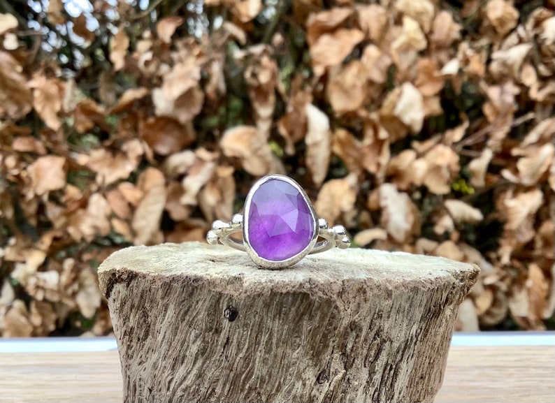 Faceted Gemstone Silver Ring with Balls February Birthstone Jewellery Amethyst Silver Ring