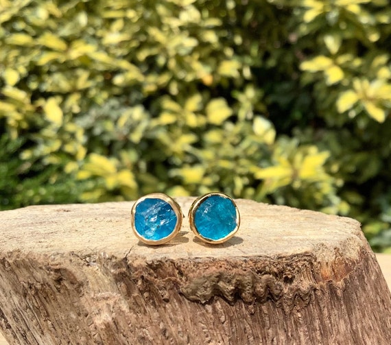 Buy Blue Gemstone Studs Gold Vermeil Apatite Stud Earrings Under 50 Gift for Mum Online in India Etsy