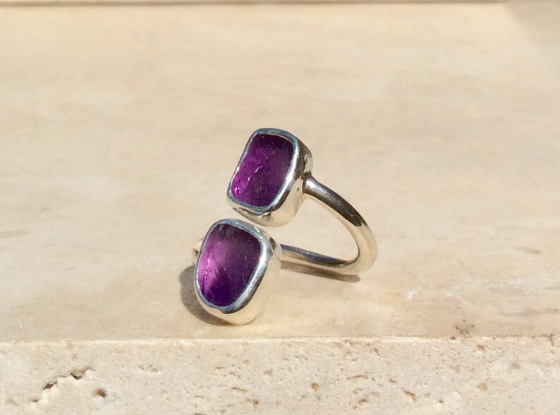 February Birthstone Ring Amethyst Silver Adjustable Ring Raw Amethyst Double Stone Ring Womens Jewellery