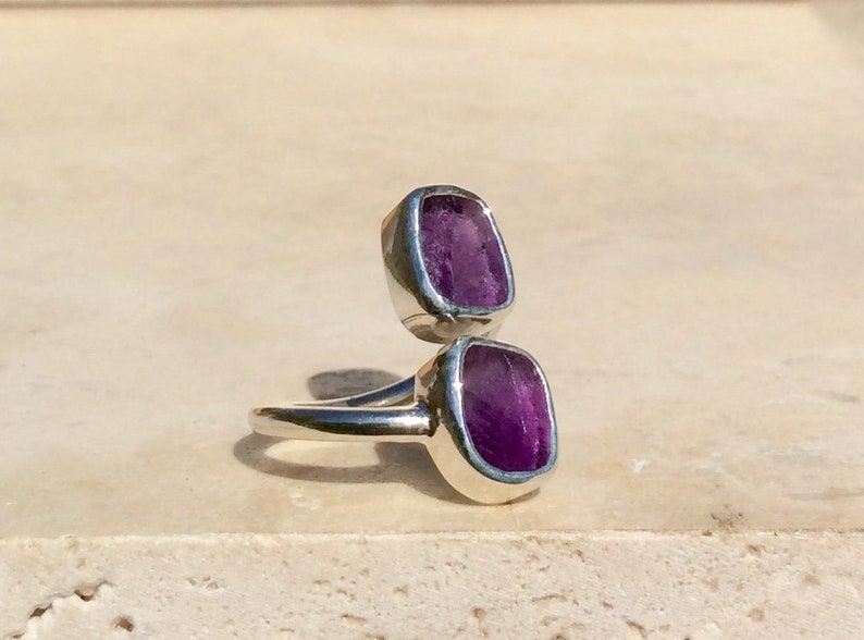 February Birthstone Ring Amethyst Silver Adjustable Ring Raw Amethyst Double Stone Ring Womens Jewellery