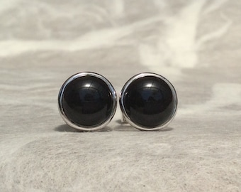 Black Onyx Gemstone Silver Stud Earrings, Natural Stone Studs, Classic Black Earrings, Gift for Mum