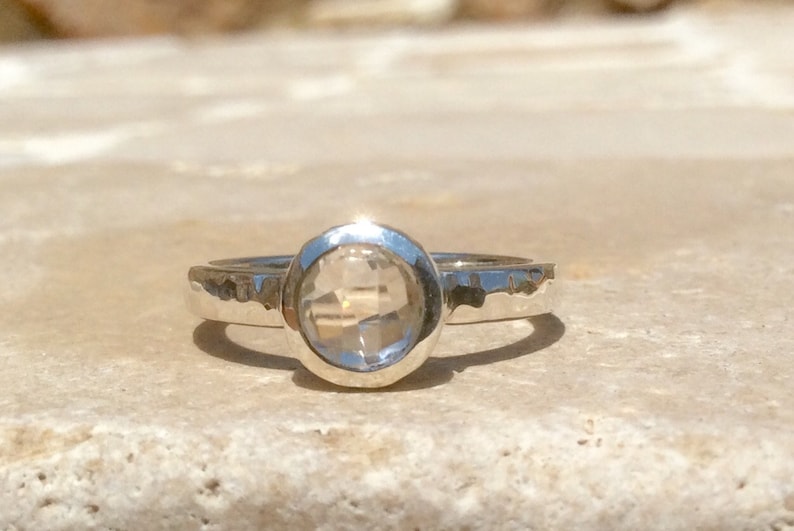 Crystal Quartz Silver Ring Gift for Women Small Faceted Gemstone Silver Ring