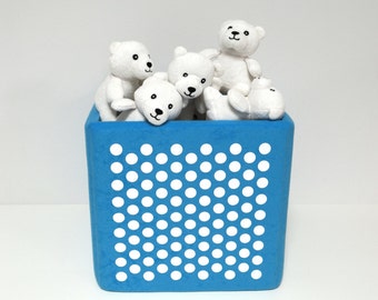 blue toy storage bin with fun design print cube basket organization nursery kids room child decor playroom dots