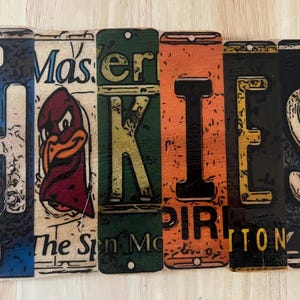 May include: A colourful sign spelling out "HOKIES" using vintage licence plates. The letter "H" is blue, "O" is red, "K" is green, "I" is orange, "E" is black, and "S" is black.