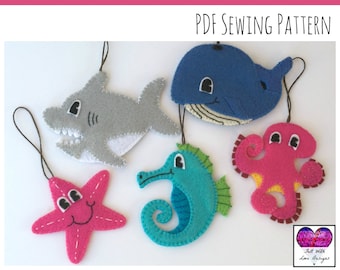 Felt Christmas Ornaments PDF Sewing Pattern - Set of 5 Sea Animals