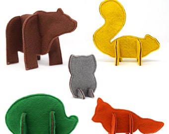 Felt 3D Puzzle Animals PDF Sewing Pattern - Set of 5 Woodland Animals - Felt Puzzles - Forest Animals - Felt Sewing Pattern - Felt Soft Toy