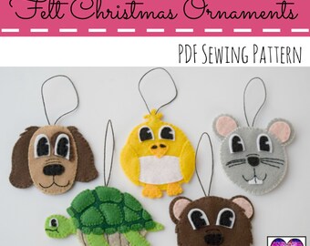 Felt Christmas Ornaments PDF Sewing Pattern - Set of 5 Animals