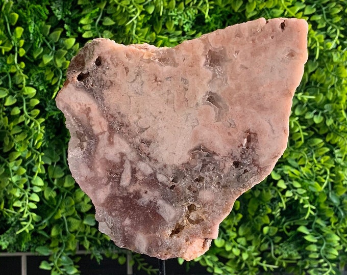 333g Pink Amethyst Slab with Quartz Pockets on Custom Stand, Mossy Pink Amethyst, Brazil, Stone of Comfort