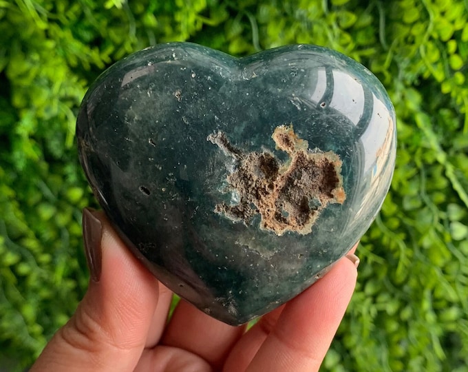 193g Hunter Green Ocean Jasper Heart, Natural Druzy, Orbicular Jasper, Stone of Uplifting Energy