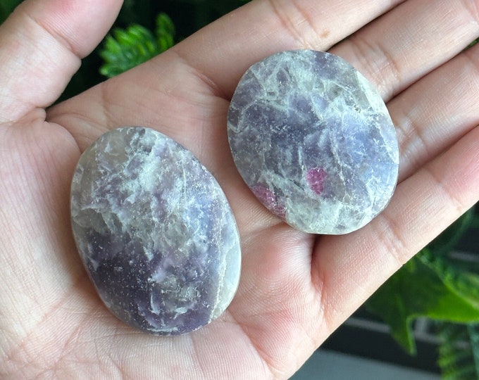 One (1) Small Lepidolite w Pink Tourmaline and Smoky Quartz Inclusion Palm Stones, Unicorn Stone, Pick Your Own, Stone of Calming Energies