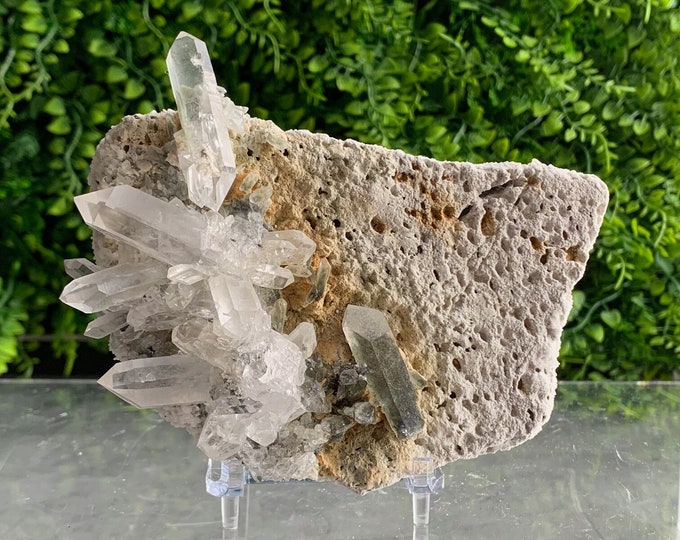 315g Clear Quartz Cluster with Green Chlorite Inclusions on Matrix, Show Piece, Stone of Protecting Our Spaces