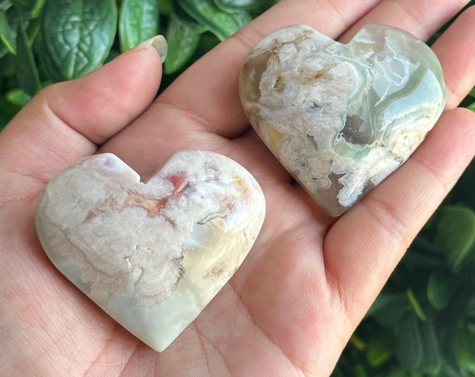 Pastel Green Flower Agate Hearts, Teal/Pistachio, Rare, High Quality, Big Flowers, Stone of Manifesting our Dreams, Pick Your Own