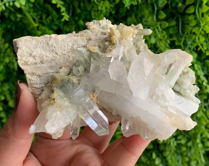 226g Clear Quartz Cluster with Green Chlorite Inclusions on Matrix, Show Piece, Stone of Protecting Our Spaces