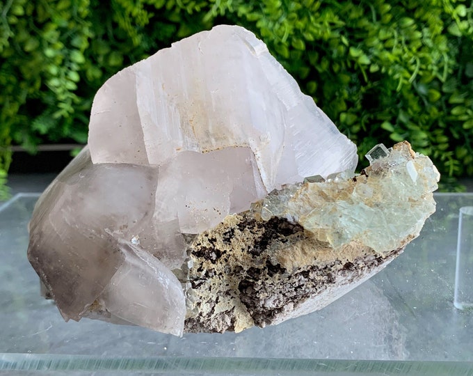 803g Pagoda Calcite Cluster with Ice Cube Fluorite, Rare, UV Reactive, Collectors Item, Stone of Protection and Cleansing