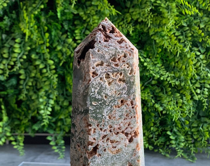 798g Moss Agate Tower with Brown Druzy, High Quality, Glossy, Stone of Prosperity