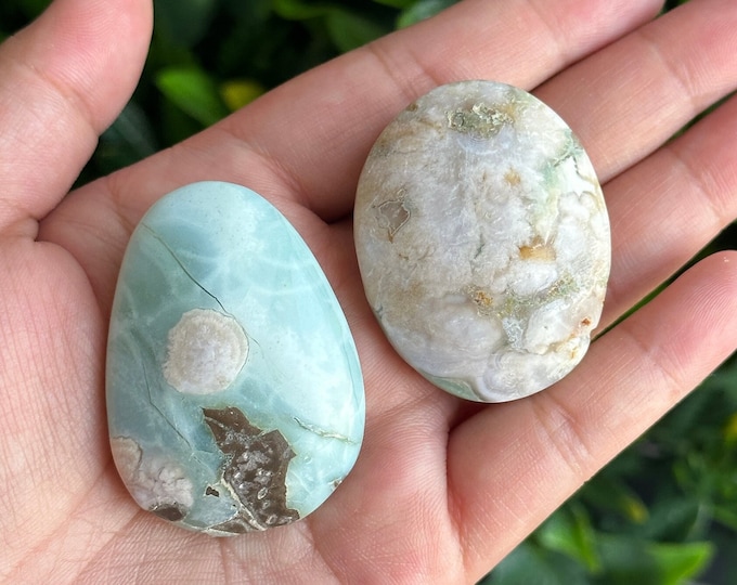 Pastel Green Flower Agate Pocket/Palm Stone, Teal/Pistachio, Rare, High Quality, Big Flowers, Stone of Manifesting our Dreams, Pick Your Own