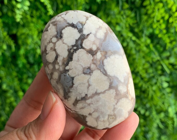 110g Black-Blue Flower Agate Palm Stone, High Quality, Pink Flowers, Stone of Manifesting our Potential