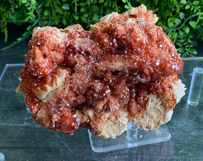 872g Vanadinite on Barite Show Piece Cluster, Fire Element, Dendritic Matrix, Sacral Chakra, Morocco, Stone of Creativity