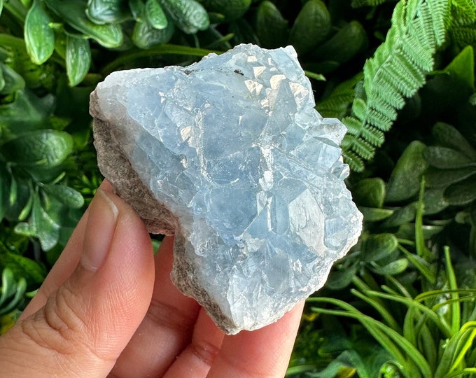 155g Small Celestite Cluster, Celestine, Little Matrix, Large Point, Stone of Calming Energies