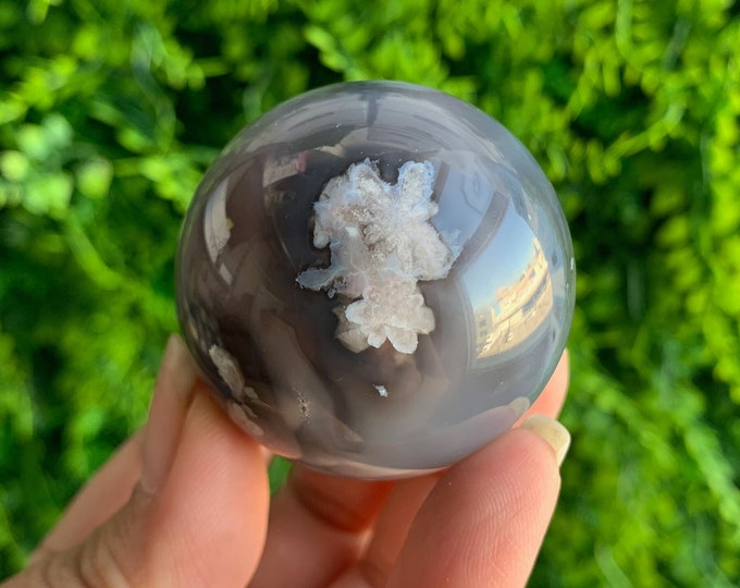 107g Dark Colored Flower Agate Sphere, Small Flowers, High Quality, Stone of Manifesting Your Potential