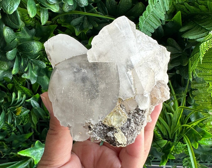399g Pagoda Calcite Cluster with Ice Cube Fluorite Inclusions on Matrix, UV Reactive, Rare, Stones of Protection and Cleansing