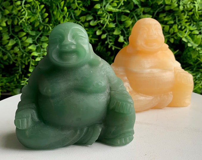 Happy Smiling Buddha Carving in Orange Calcite and Green Jade, Pick Your Own, Stones of Creativity and Protection