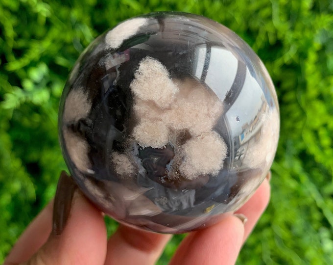 273g Blue-Black Flower Agate Sphere with Big Flowers and Druzy Pockets, Stone of Manifesting our Dreams