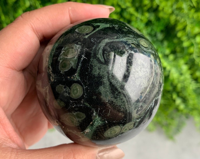 416g Kambaba Jasper Sphere with Beautiful Swirls, Glossy Polish, Stone of Tranquility