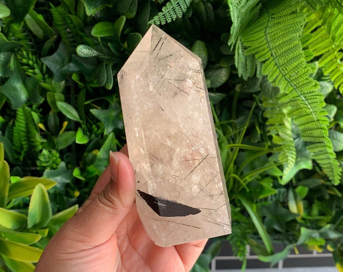 413g Light Smoky Quartz Tower with Black Tourmaline Inclusions, Stones of Grounding and Amplifying Energy
