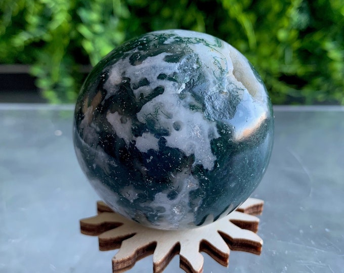 162g Small Moss Agate Sphere with Quartz Veins and Druzy Pockets, Stone of Prosperity