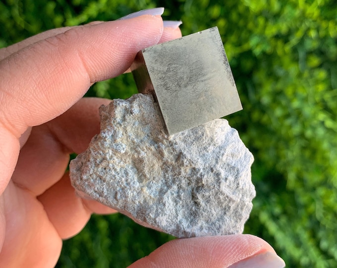 89g Perfect Pyrite Cube on Matrix, Penetrator Cube, Geometric Texture, Dendritic Matrix, Peru, Stone of Prosperity