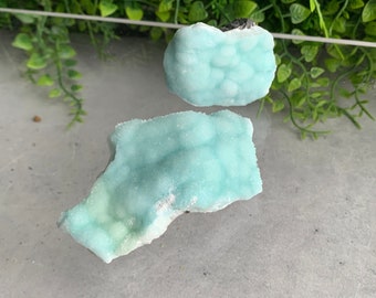 Op de afbeelding: Twee stukken blauwgroen cölestien kristal. De kristallen zijn ruw en hebben een bubbelachtige textuur.
