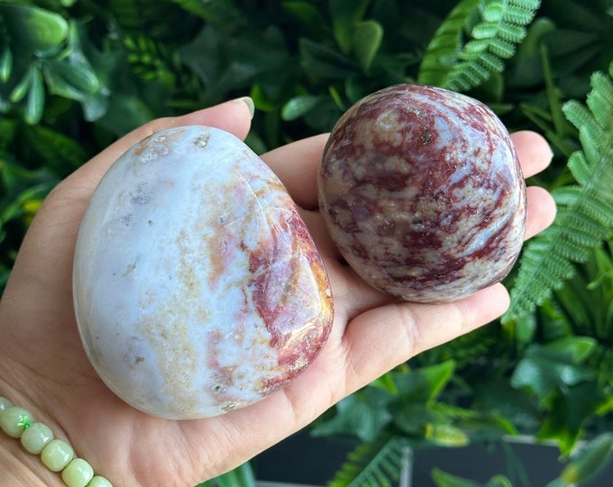 One Pastel Ocean Jasper Palm Stone, White Ocean Jasper, Orbicular OJ, Stone of Uplifting Energy