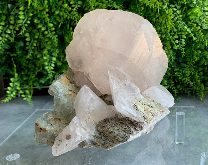 4.5lb Pagoda Calcite Show Piece Cluster with Ice Cube Fluorite on Dendritic Matrix, Rare, Collectors Item, Stone of Protection and Relaxing