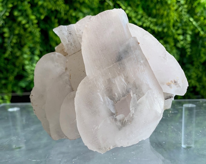 522g Pagoda Calcite Cluster with Ice Cube Fluorite Inclusions, UV Reactive, Rare, Stone of Protection and Cleansing