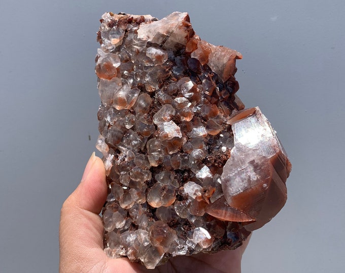 830g Red Velvet Pagoda Calcite Cluster, Fire Calcite, Hematite Inclusions, High Quality, Sparkling, Stone of Protection