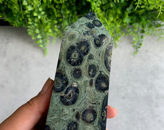 728g Gorgeous Kambaba Jasper Generator, Four Sided Tower, Chunky, High Quality, Glossy, Green Evil Eye, Stone of Tranquility