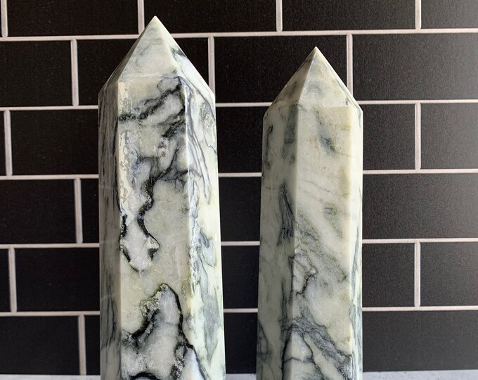 Rare Vivid Green and White Jade Towers, Large Towers, Stone of Peace