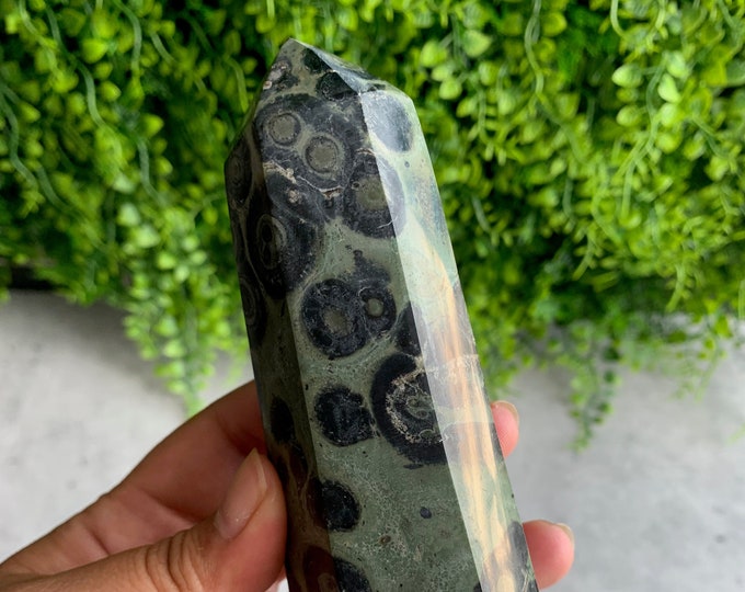 376g Hand Carved Kambaba Jasper Obelisk, High Quality, Green Evil Eye, Stone of Tranquility