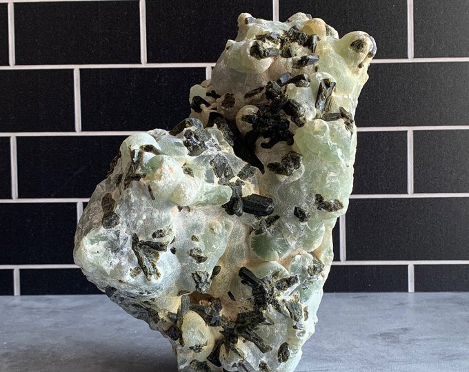 3301g XL Botryoidal Prehnite Freeform with Green Tourmaline Inclusions, Pastel Green, Stone of Protection