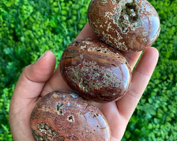 Vibrant Orbicular Ocean Jasper Palm Stone, Red and Green, Botryoidal Drusy, Indonesia, Set A83 to E112, Stone of Uplifting Energy