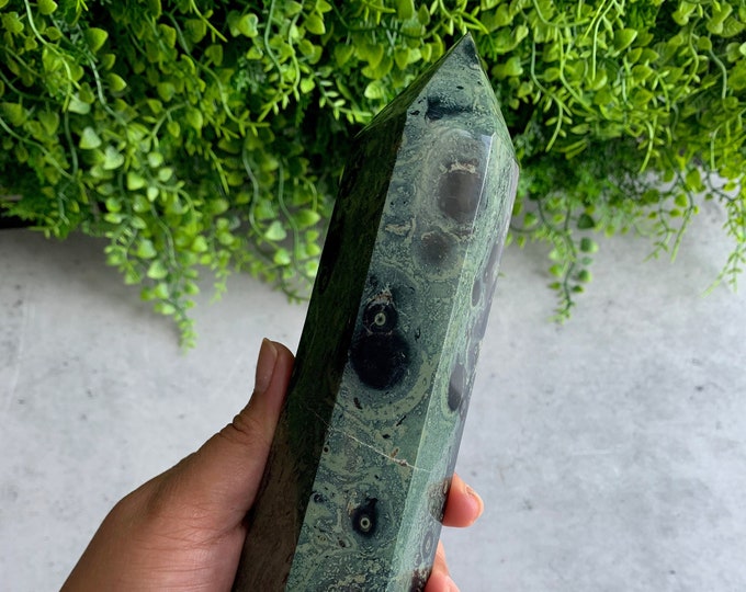 1007g Large Kambaba Jasper Tower Show Piece, Yin and Yang, High Quality, Glossy, Green Evil Eye, Stone of Tranquility