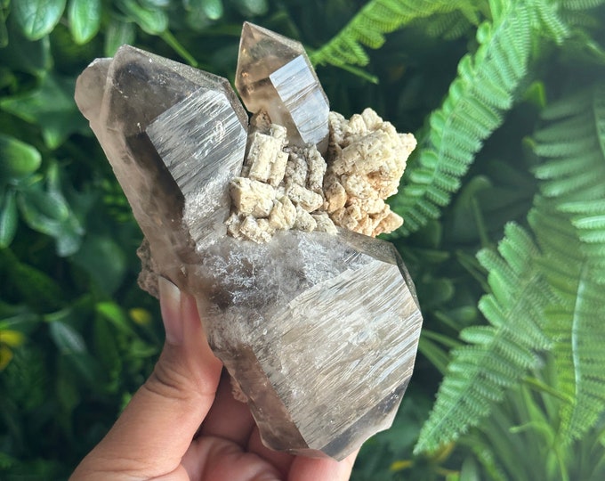 538g Smoky Skeletal Quartz w/ Phantoms and Feldspar Inclusions, Elestial Striations, Double Terminated, Custom Stand, Stone of Grounding