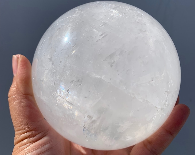1788g White Calcite Sphere, Rainbow Inclusions, Full Moon, Stone of Clarity and Mental Grounding