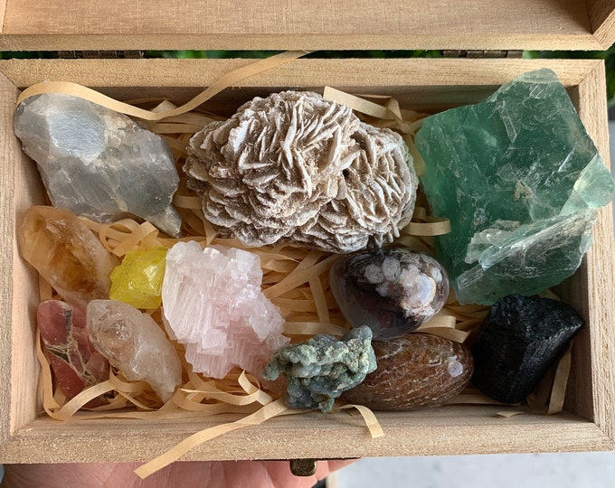 1 Wood Box of Raw Metaphysical Stones: Desert Rose Selenite, Green Fluorite, Calcite, CA Halite, Citrine, Rhodochrosite, Citrine, and More!